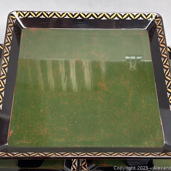 3 Vintage Japanese Ozen Trays – Lacquerware Footed Serving Trays – Green/Red - Picture 3 of 5
